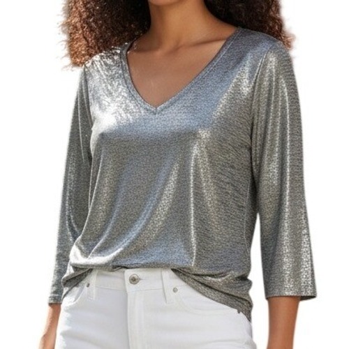 White House Black Market Silver Shimmer Metallic V-Neck 3/4 Sleeve Top Nwot Sp